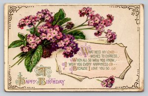 c1914 Pink & Purple Flowers Happy Birthday Embossed ANTIQUE Postcard 1189