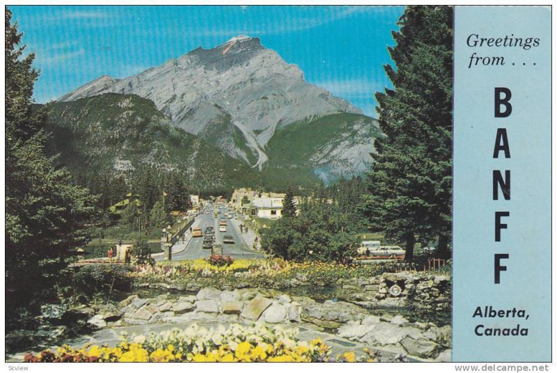 Mt. Cascade overlooking the main street of Banff, Alberta, Canada, 40-60s