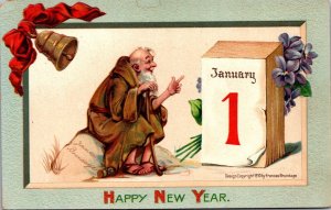 Frances Brundage New Year Postcard Old Man Father Time Looking at Calendar