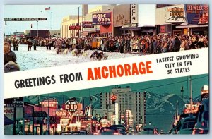 Anchorage Alaska AL Postcard Fourth Ave. Main Street Spectacular Dusk View c1960