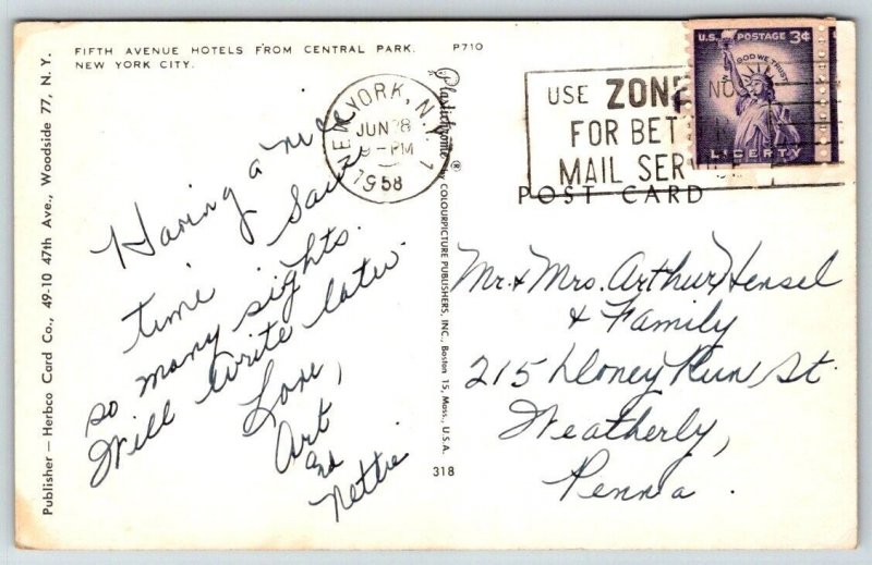 Fifth Avenue Hotels - Central Park - 1958 - Postcard