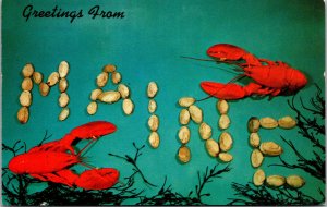 Vtg Greetings From Maine ME Large Letter Oysters Lobsters Postcard