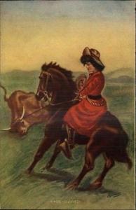 Cowgirl on Horse Roping Cow ROPED c1910 Postcard REYNOLDS