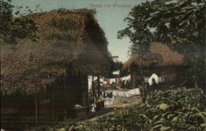 Panama - Native Thatch Roof Homes Laundry on Lines c1910 Postcard