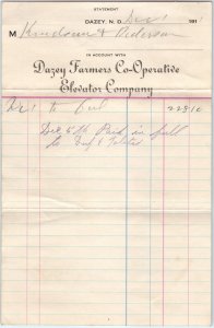 1911 Dazey ND Farmers Co-Operative Elevator Statement Letterhead Receipt Coop R2