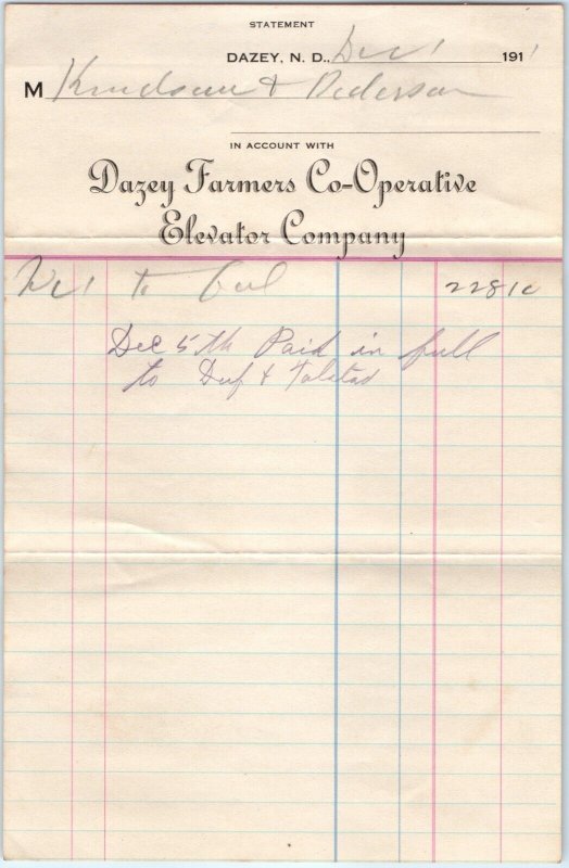 1911 Dazey ND Farmers Co-Operative Elevator Statement Letterhead Receipt Coop R2