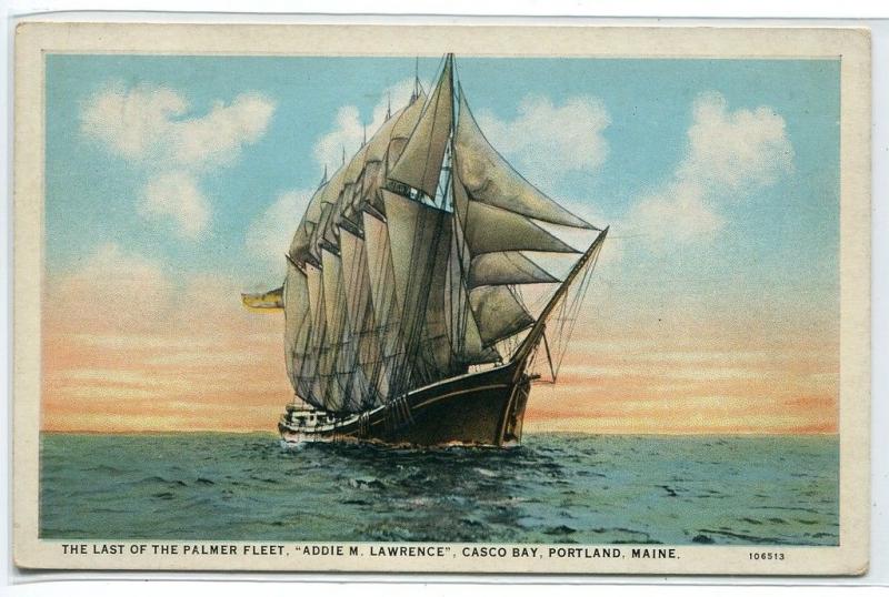 Sailing Ship Addie M Lawrence Palmer Fleet Casco Bay Portland Maine postcard