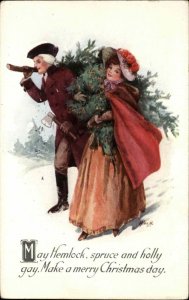 W de M Colonial Boy and Girl with Christmas Tree c1910 Vintage Postcard