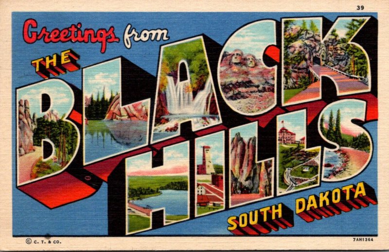 South Dakota Black Hills Greetings Large Letter Linen 1956 Curteich