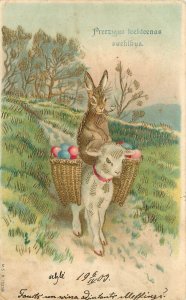 Latvian Embossed Gilded Easter Postcard Rabbit Rides Lamb Colored Egg Basket