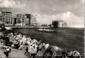 CONTINENTAL SIZE POSTCARD VIA PARTENOPE AND THE OVO CASTLE NAPLES ITALY (RPPC)