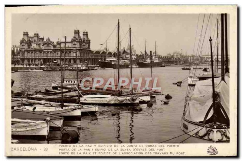 Old Postcard Barcelona Puerta de Paz y edifico the Junta de Obras del Puerto