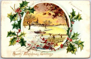 Merry Christmas, 1906 Greetings Card, Snow House, Sunset, Holly Cherry, Postcard