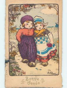 1920 foreign signed GIRL AND BOY WALKING TOGETHER DOWN THE PATH HL8356