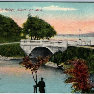 c1910s Albert Lea, MN Hatch Bridge Nice Litho Photo Man Lake Tree Sunset PC A201