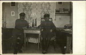 Soldiers - WWI? Soldiers Sit at Table Share a Drink Lace Curtains c1915 RPPC