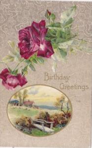 Brthday Greetings Landscape Scene and Red Roses 1911