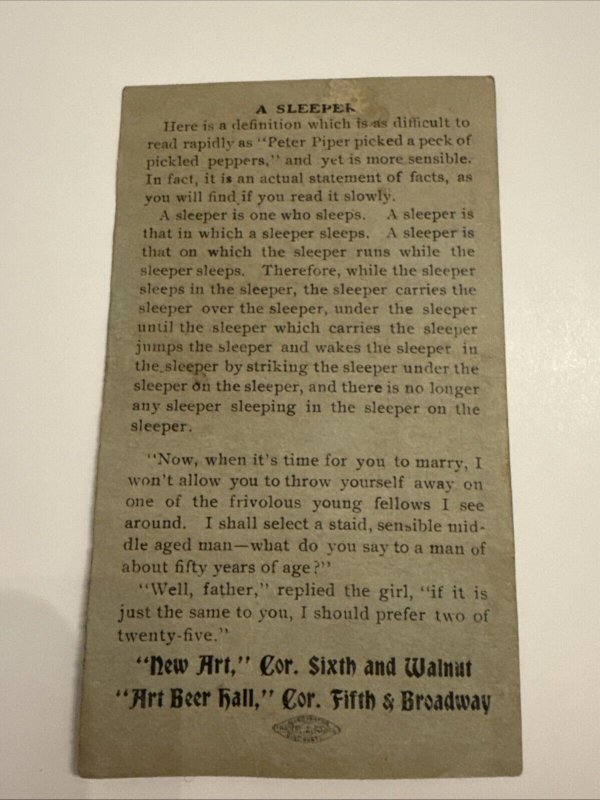 1900s The Art & New Art Beer Hall Saloon Cincinnati OH Business Card