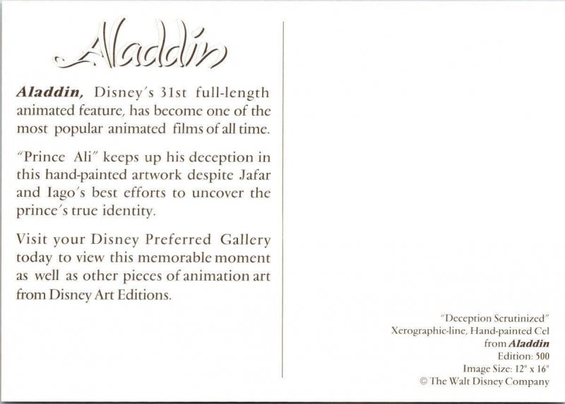 2~4X6 Postcards Walt Disney Animation  ALADDIN  Prince Ali~Jasmine~Jafar MOVIE