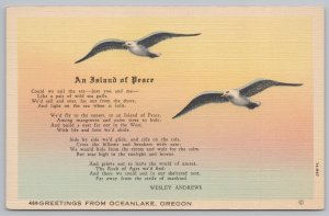 Linen~Seagulls In Air & Island of Peace Poem~Oceanlake OR~Vintage Postcard