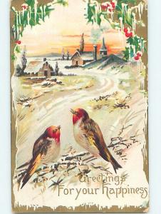 Pre-Linen BEAUTIFUL BIRDS WITH CHURCH IN WINTER SCENE HL6133