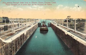 USS SEVERN SHIPS LOWER LOCKS GUARD GATE GATUN PANAMA CANAL POSTCARD 1915