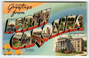 Greetings From North Carolina Large Big Letter Linen Postcard Tichnor Vintage