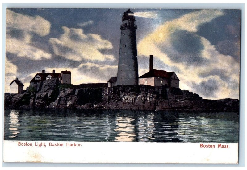 Boston Light House Moon Scene Boston Harbor Massachusetts MA Antique Postcard
