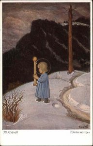 Christmas Ethereal Angel Child w/ Candle SCHIESTL c1910 Postcard