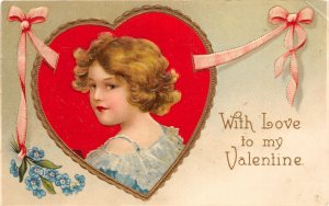 G2/ Valentine's Day Love Postcard c1910 Pretty Girl Heart Ribbon 16