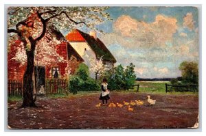 Art Farm Scene Woman Feeding Ducks Under Cherry Tree DB Postcard Y9