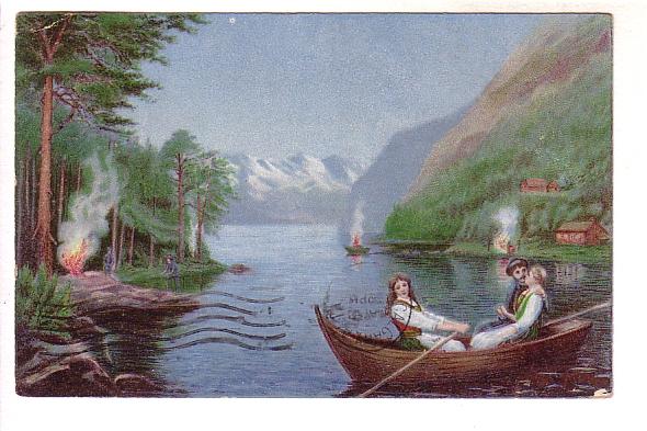 Painting, People Rowing Boat, Fires on the Shore, Printed in Germany, Blandfo...