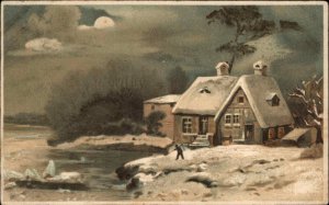 Christmas Boy with Axe House Water Snow c1900s-20s Postcard
