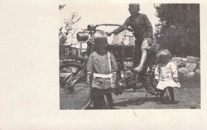 Early RPPC Real Photo AZO, Three Children and a Motorcycle, Message,Old Postcard