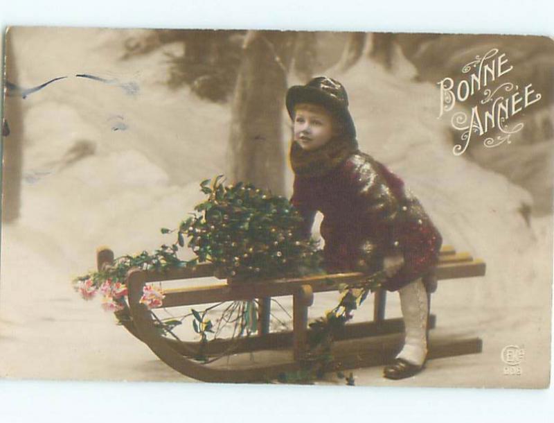 tinted rppc c1910 GIRL ON SLED AC8972