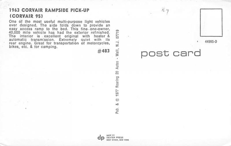 Trucks / Buses /  Vans Post Card 1963 Corvair Rampside Pick Up Unused