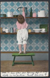 Children Postcard - Young Child Reaching For Kitchen Ware   RT1121