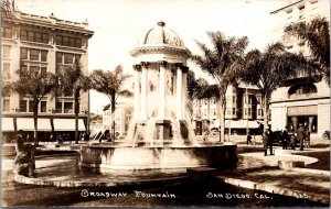 Real Photo Postcard Broadway Fountain in Downtown San Diego, California