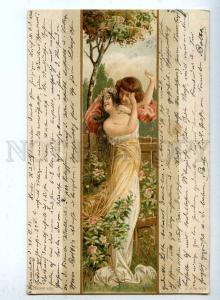 187330 ART NOUVEAU Kiss of NUDE NYMPH Roses Vintage PC