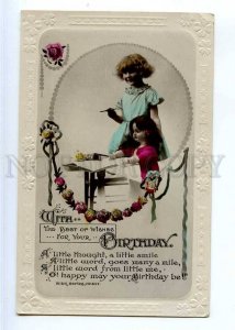 244297 BIRTHDAY Girl w/ HUGE DOLL Vintage Embossed PHOTO PC