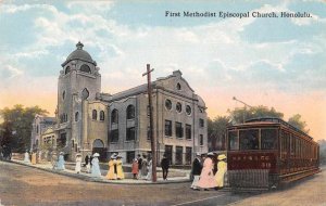 Honolulu Hawaii First Methodist Episcopal Church Trolley Vintage Postcard AA1879