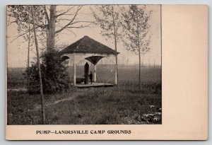 Landisville PA Camp Grounds Pump With Child Under Pavilion Postcard B50