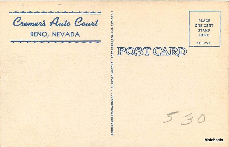 1930's Creamers Auto Court RENO NEVADA Linen Curt Teich postcard 8463 United States Roadside