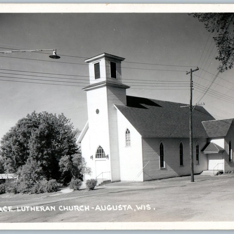 c1950s Augusta, WI Church RPPC Grace Lutheran Street Lamp Post Real Photo A194