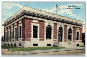 c1950's Post Office Building Entrance Dirt Road US Flag Biddeford Maine Postcard