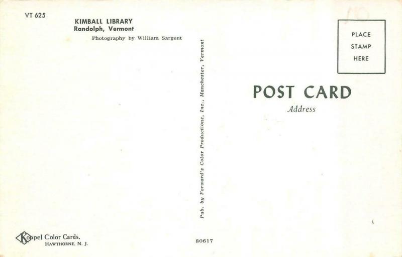 RANDOLPH, VT Vermont   KIMBALL LIBRARY  Orange County c1950's Chrome Postcard