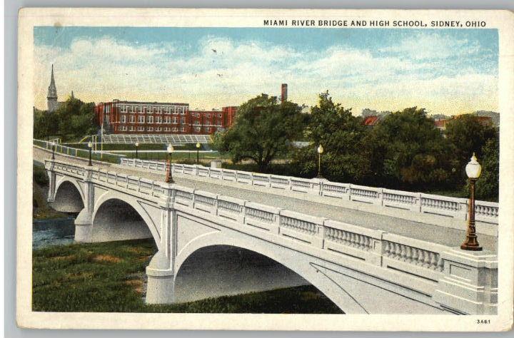 Old Postcard-Miami River Bridge-High School-Sidney,Ohio