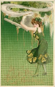 Embossed Winsch Schmucker St Patrick's Day Postcard Irish Woman Holds Giant Pipe