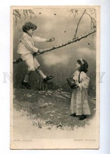 234196 Jolly KIDS in Garden on TREE Gilr Bag Vintage postcard
