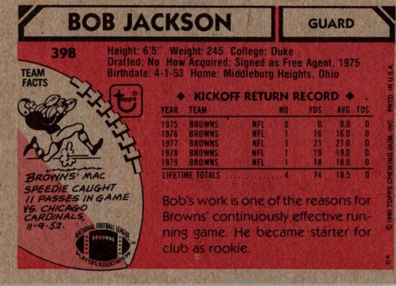 1980 Topps Football Card Bob Jackson G Cleveland Browns sun0425